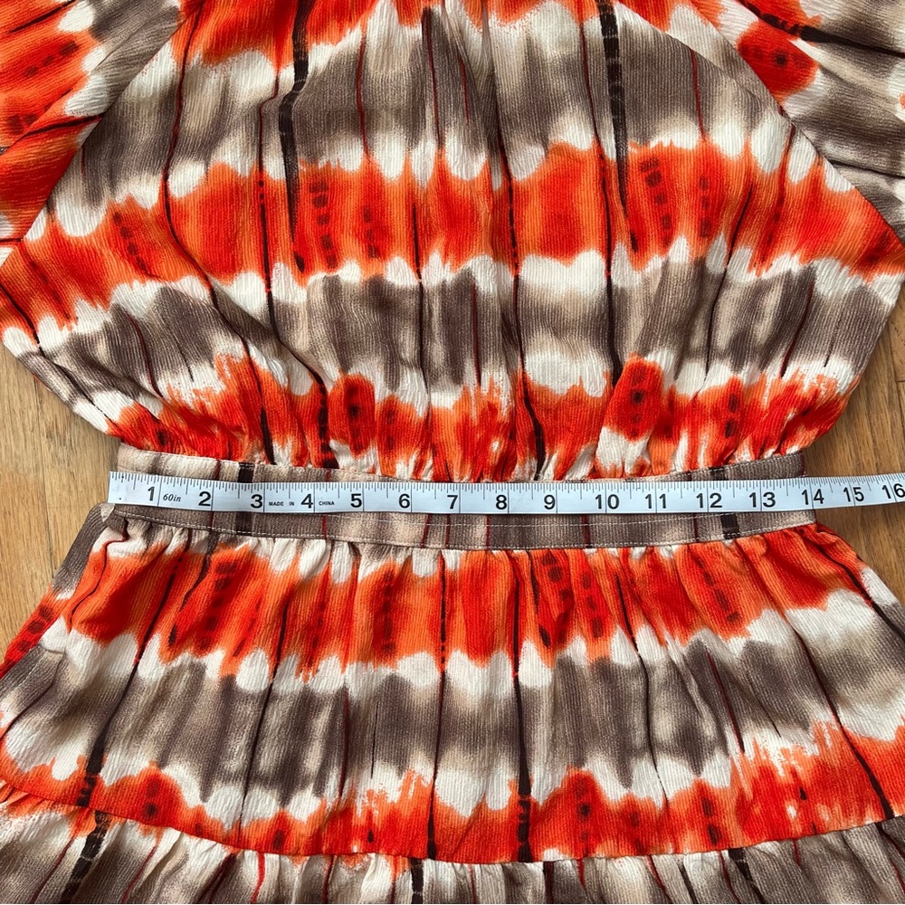 Yakira Bella Dress Tiered Ruffle Hem Size S Orange Tie Dye Boho Balloon Sleeve - Picture 10 of 11